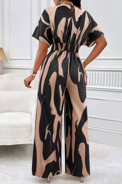 Printed V-Neck Short Sleeve Wide Leg Jumpsuit - Shimmervee