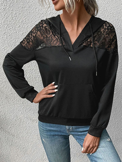 Perfee Lace Trim Dropped Shoulder Hoodie