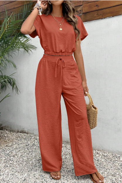 Round Neck Short Sleeve Top and Pants Set - Shimmervee