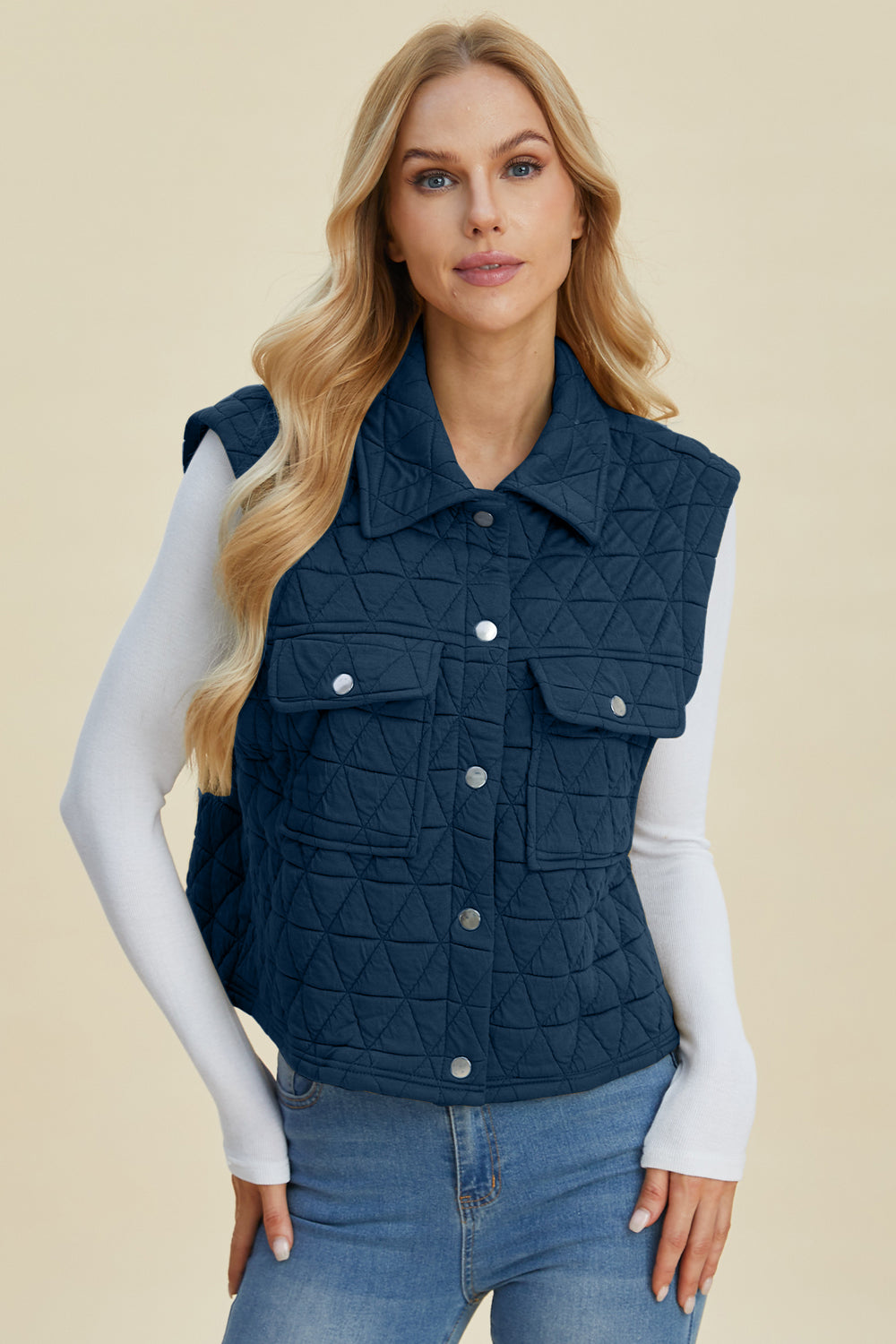 Double Take Full Size Pocketed Texture Snap Down Vest Coat - Shimmervee