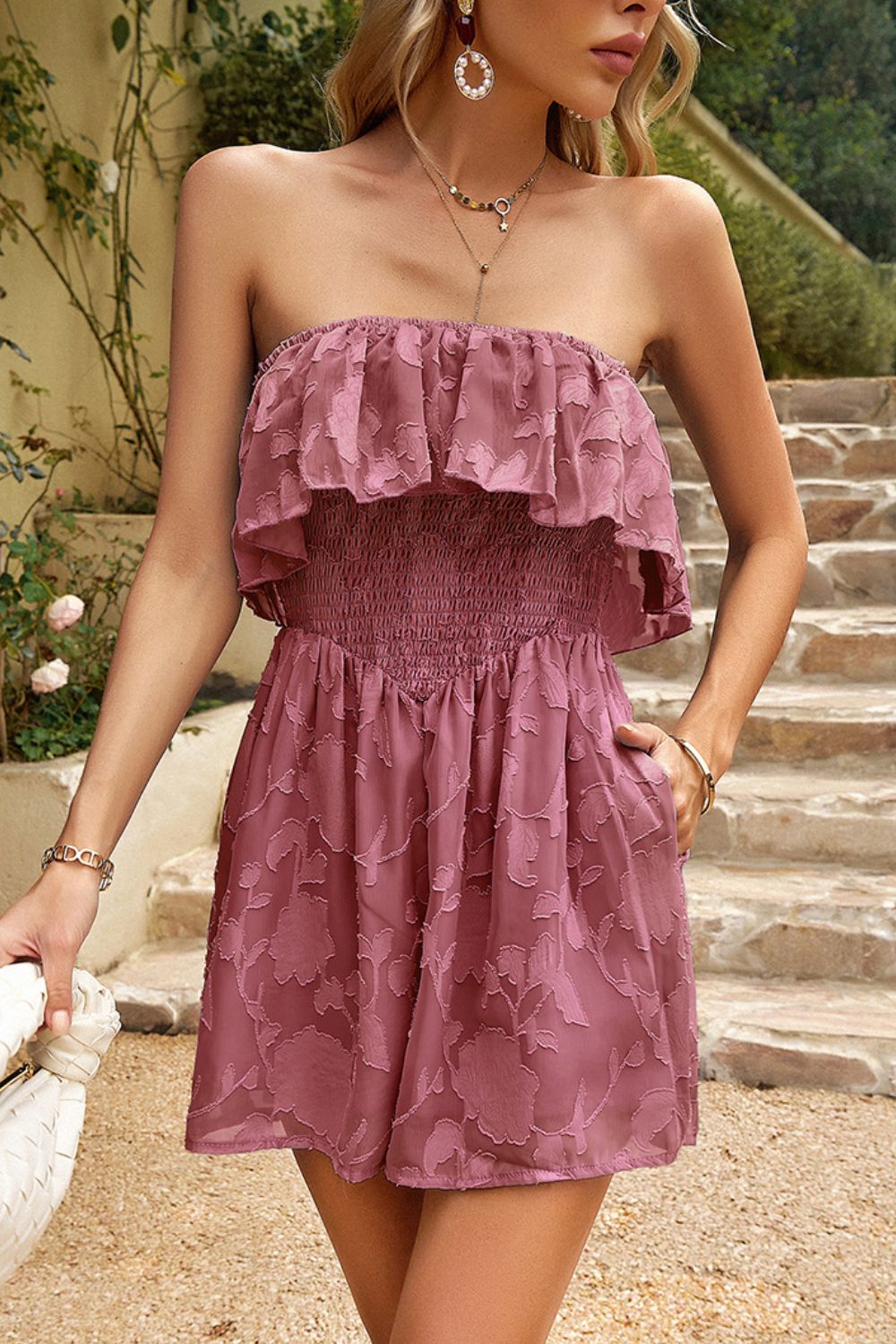 Devine Strapless Layered Smocked Romper