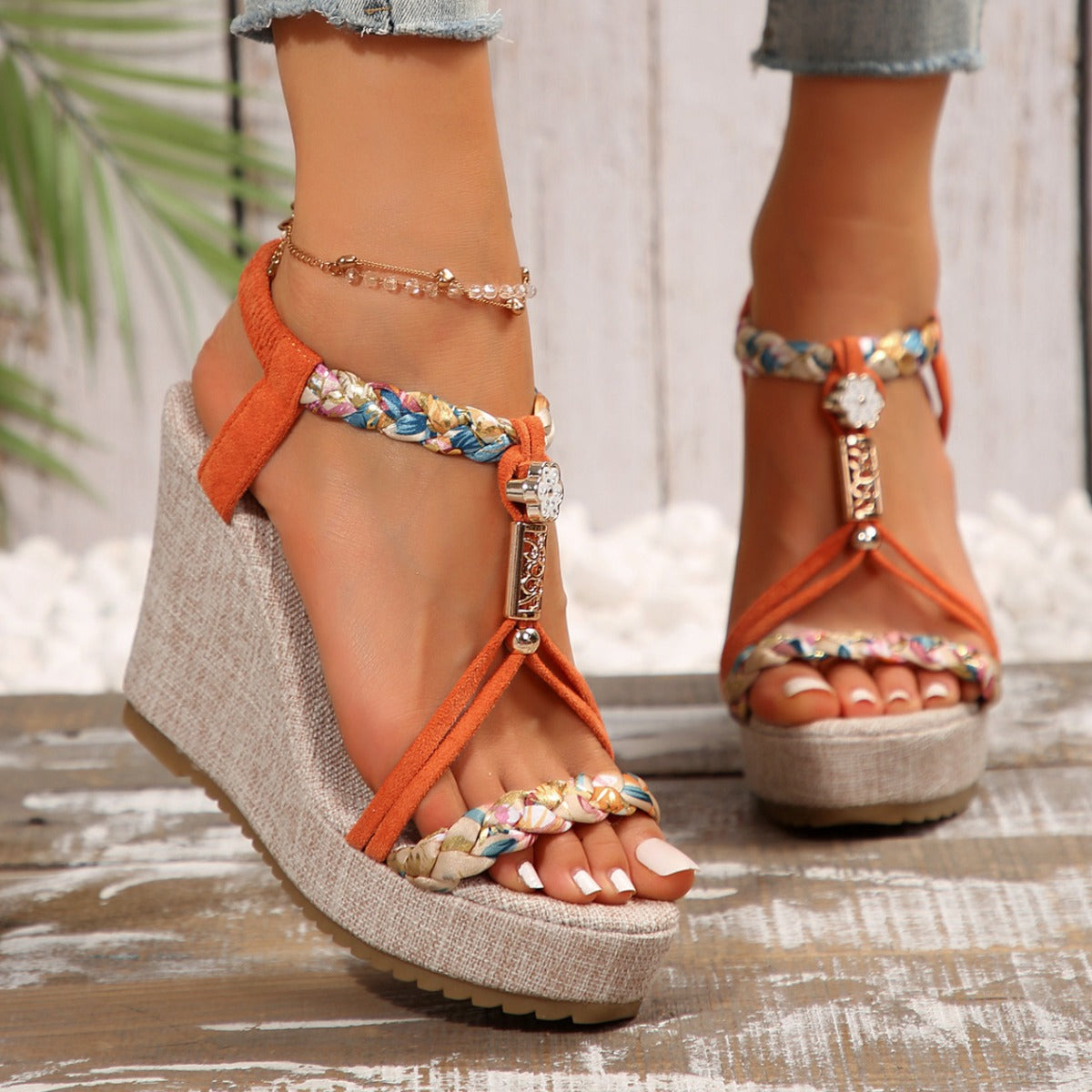 Braided Strap Wedge Sandals - Shimmervee