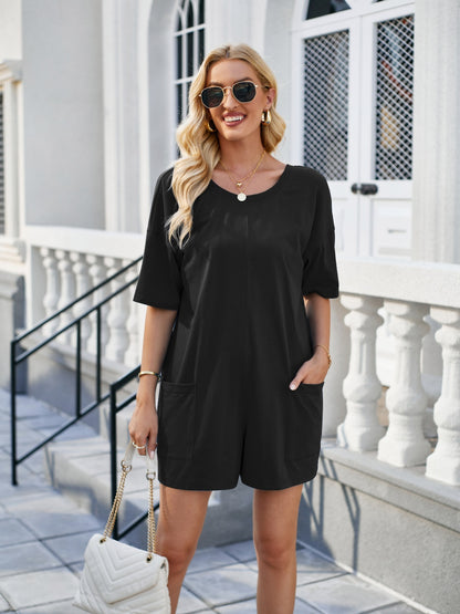 Lovelet Backless Pocketed Round Neck Half Sleeve Romper - Shimmervee