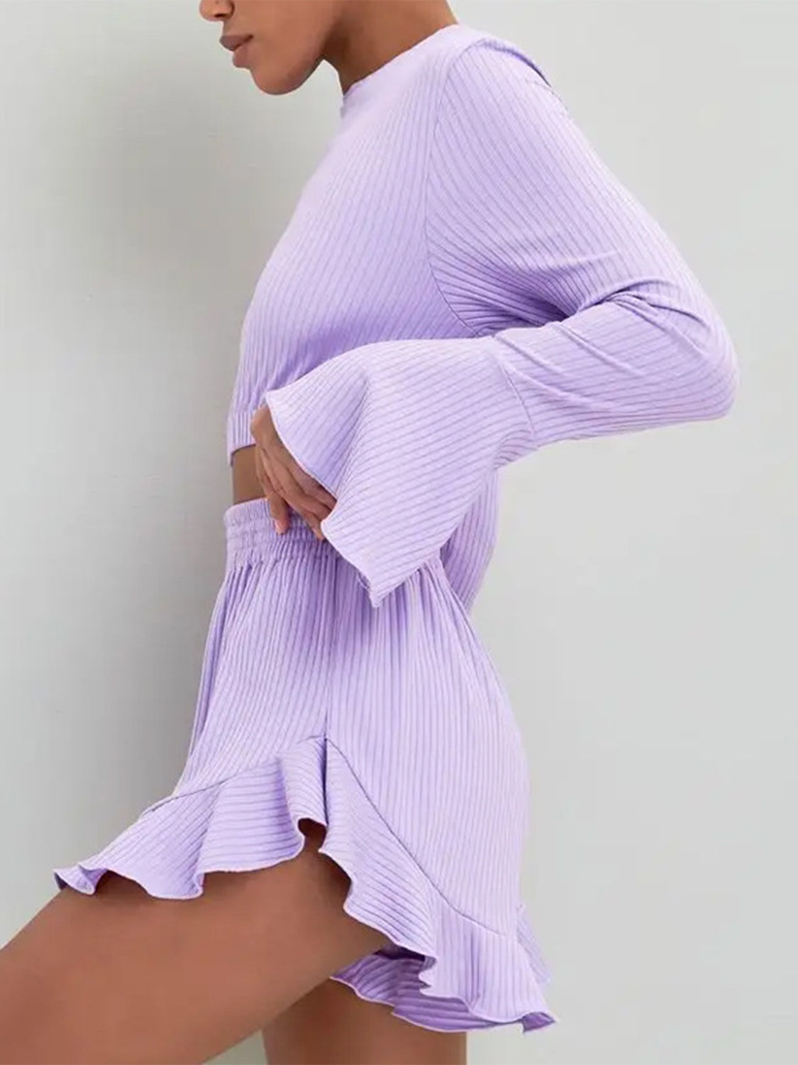 Round Neck Long Sleeve Top and Ruffled Shorts Set - Shimmervee