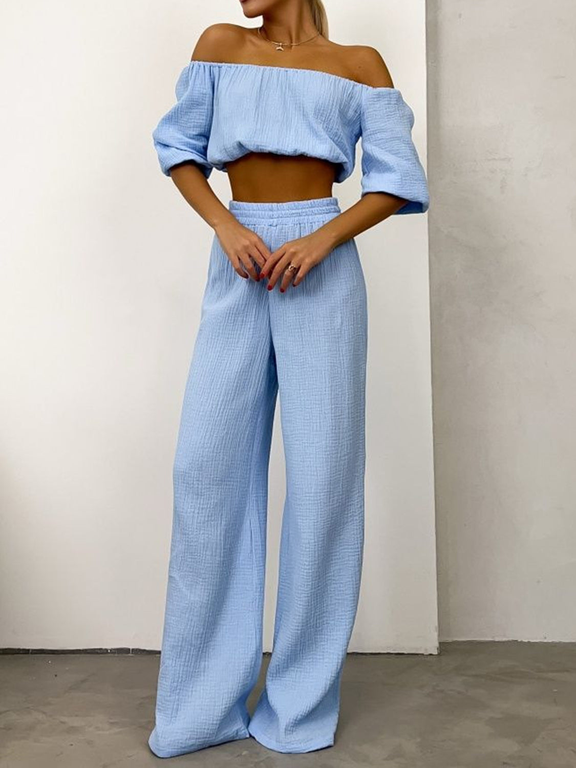 Off Shoulder Long Sleeve Top and Pants Set - Shimmervee