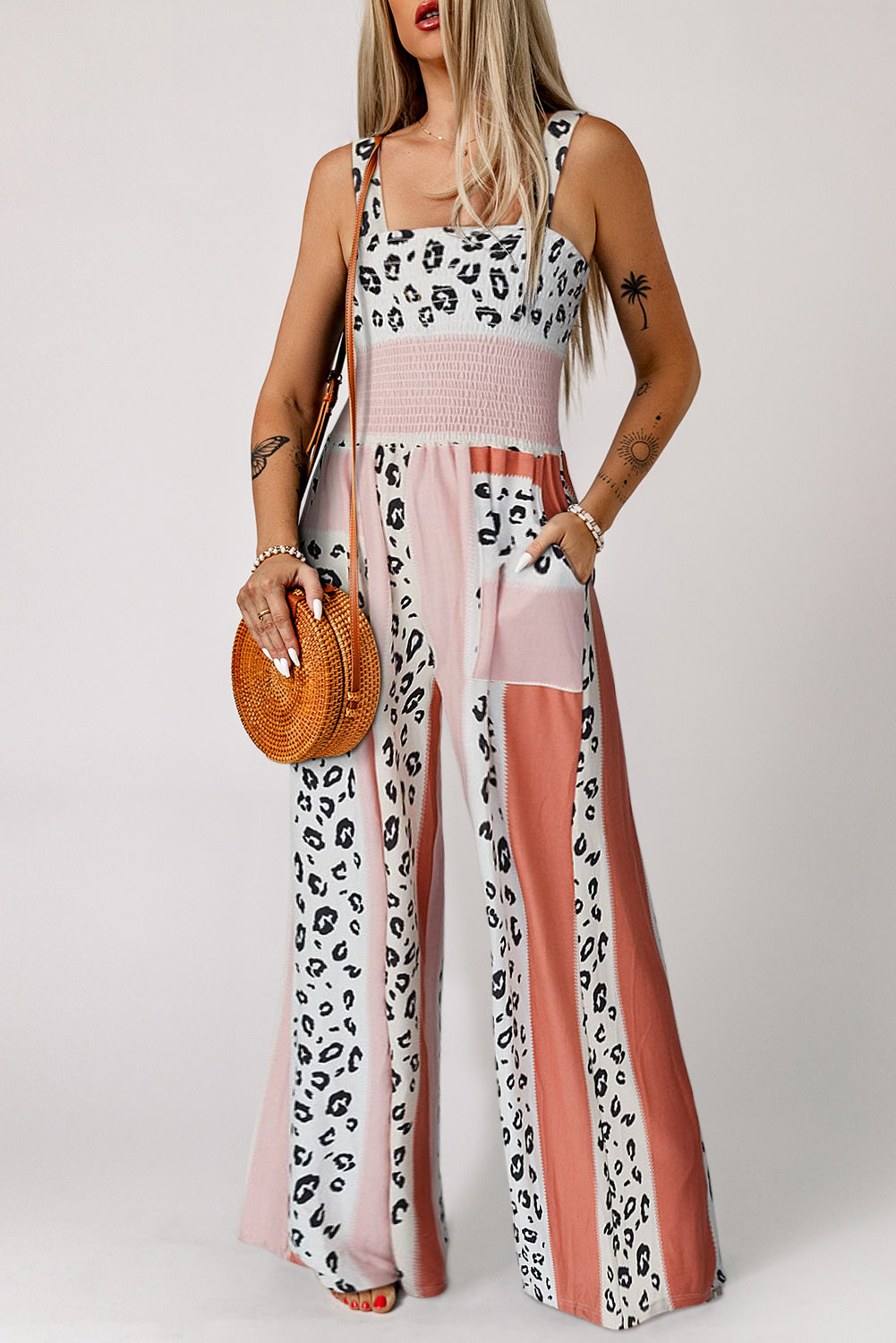 Leopard Color Block Smocked Jumpsuit - Shimmervee