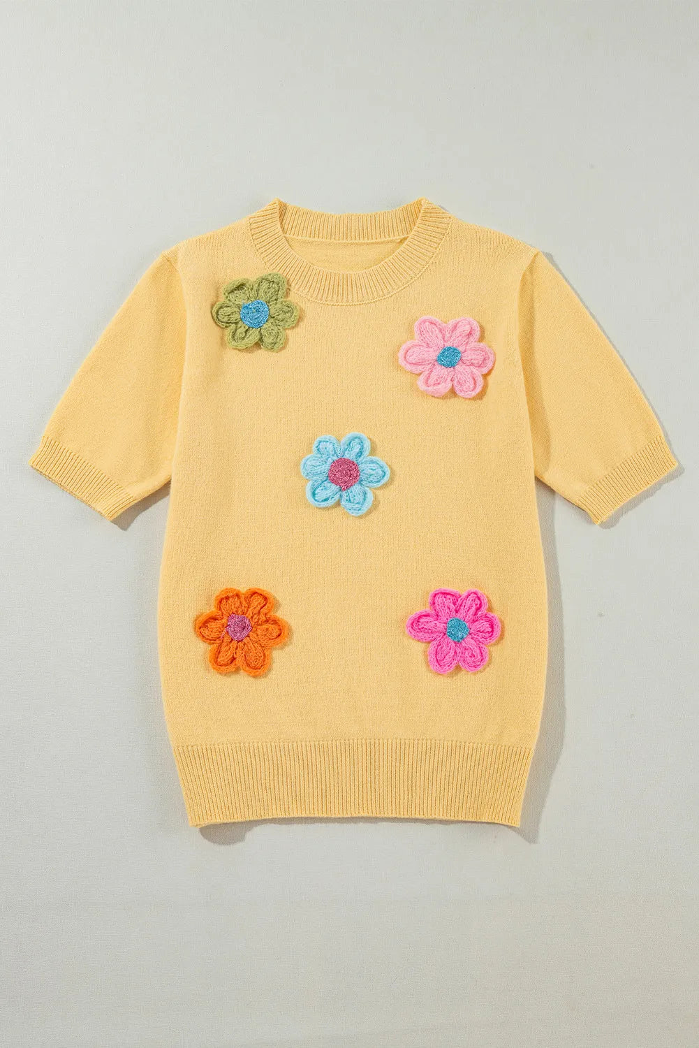 Flower Round Neck Short Sleeve Sweater