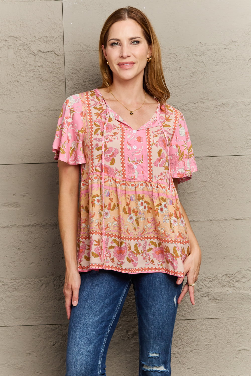 Perfee Bohemian Tie-Neck Flutter Sleeve Blouse