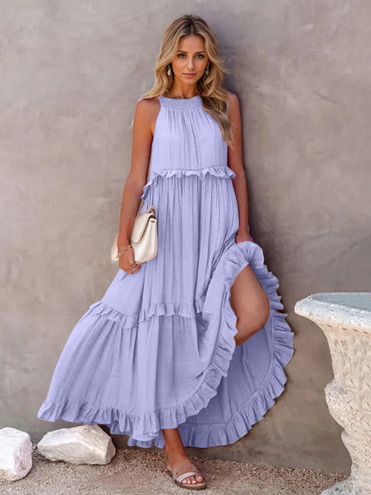 Ruffled Sleeveless Tiered Maxi Dress with Pockets - Shimmervee