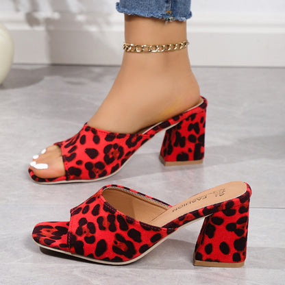 Leopard Block Heel Suede Sandals - Shimmervee