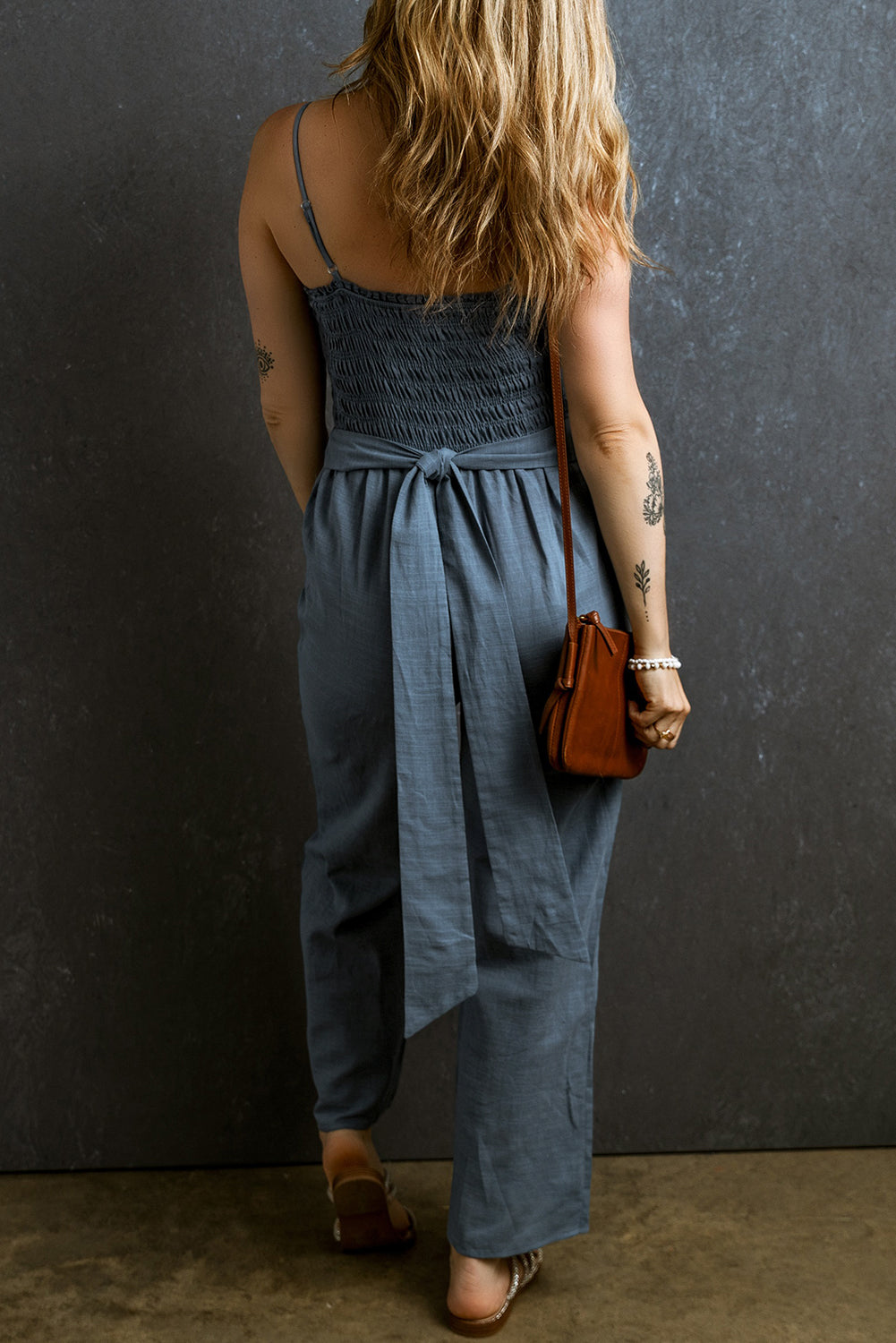 Tied Smocked Wide Leg Jumpsuit - Shimmervee