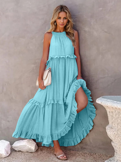 Ruffled Sleeveless Tiered Maxi Dress with Pockets - Shimmervee