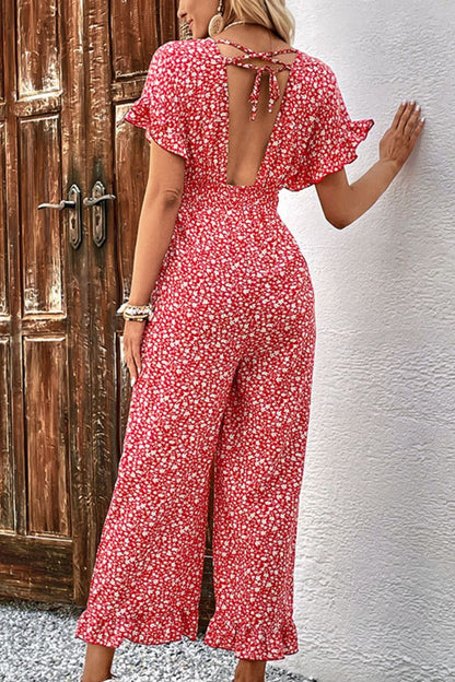 Perfee Printed Tie Back Ruffled Jumpsuit