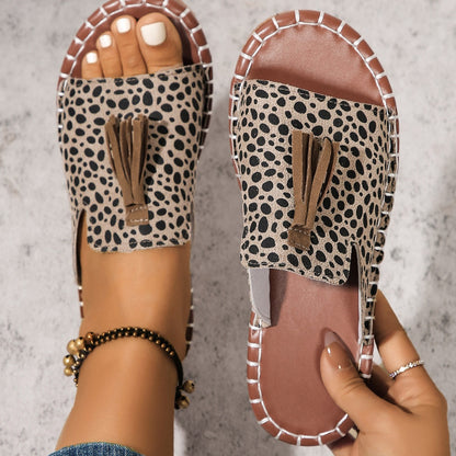 Fringe Leopard Open Toe Sandals - Shimmervee