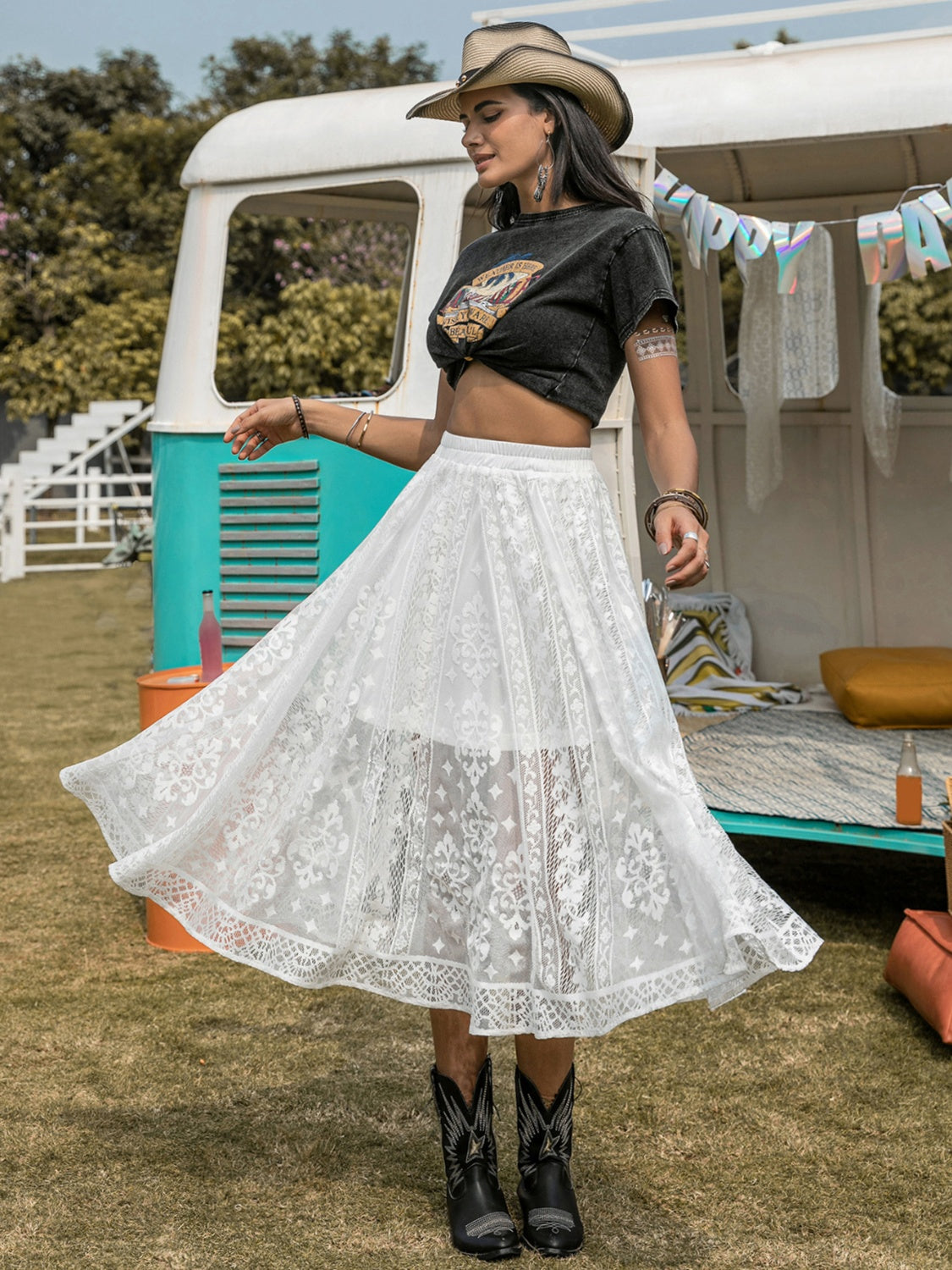 Embroidered Elastic Waist Skirt - Shimmervee