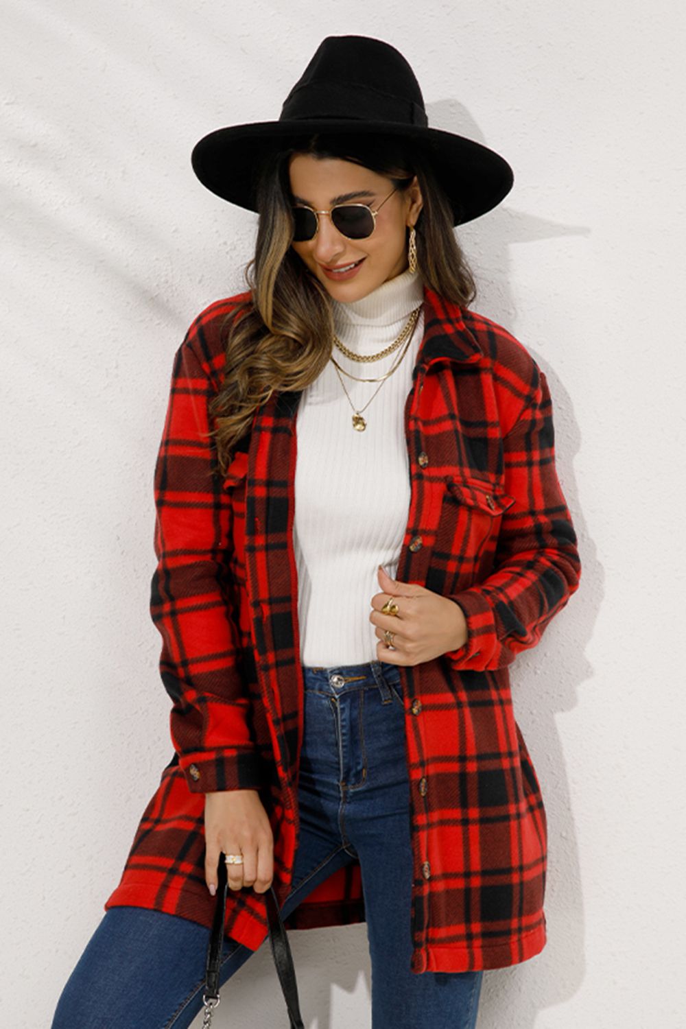 Shiny Plaid Collared Longline Coat - Shimmervee