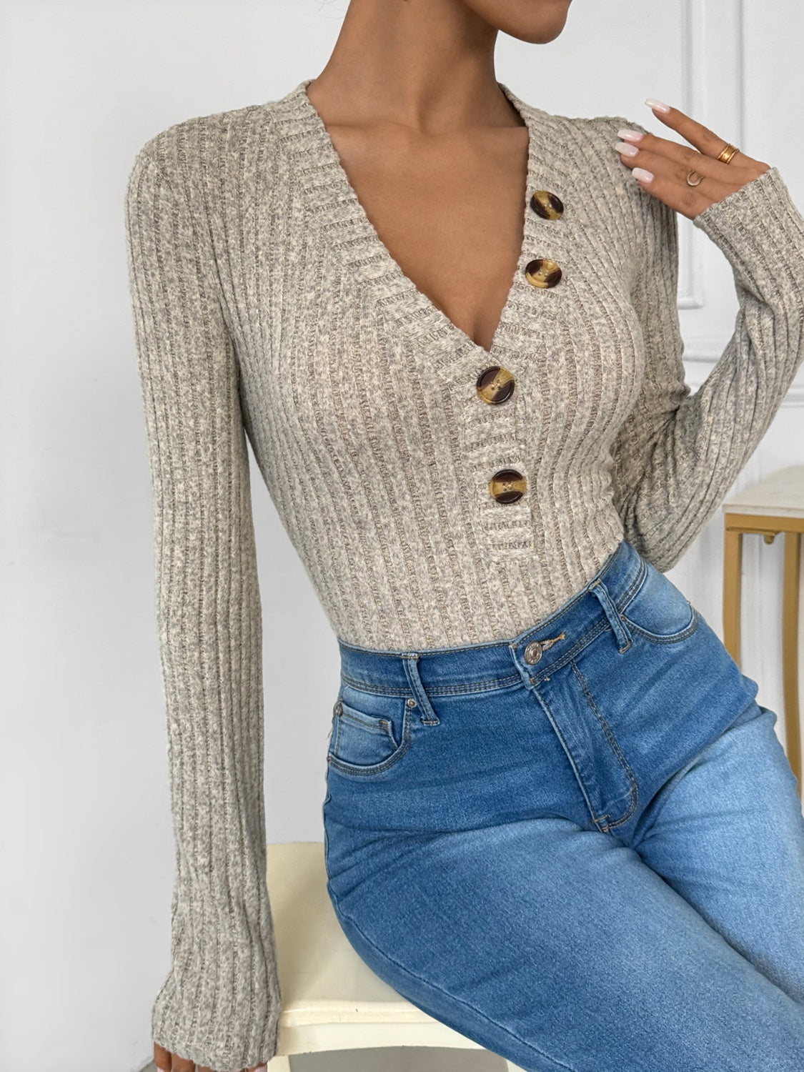 Perfee V-Neck Long Sleeve Bodysuit - Shimmervee