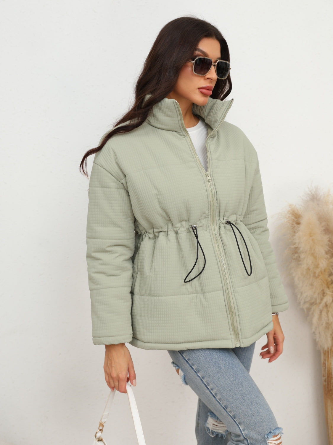 Drawstring Waist Zip-Up Puffer Jacket