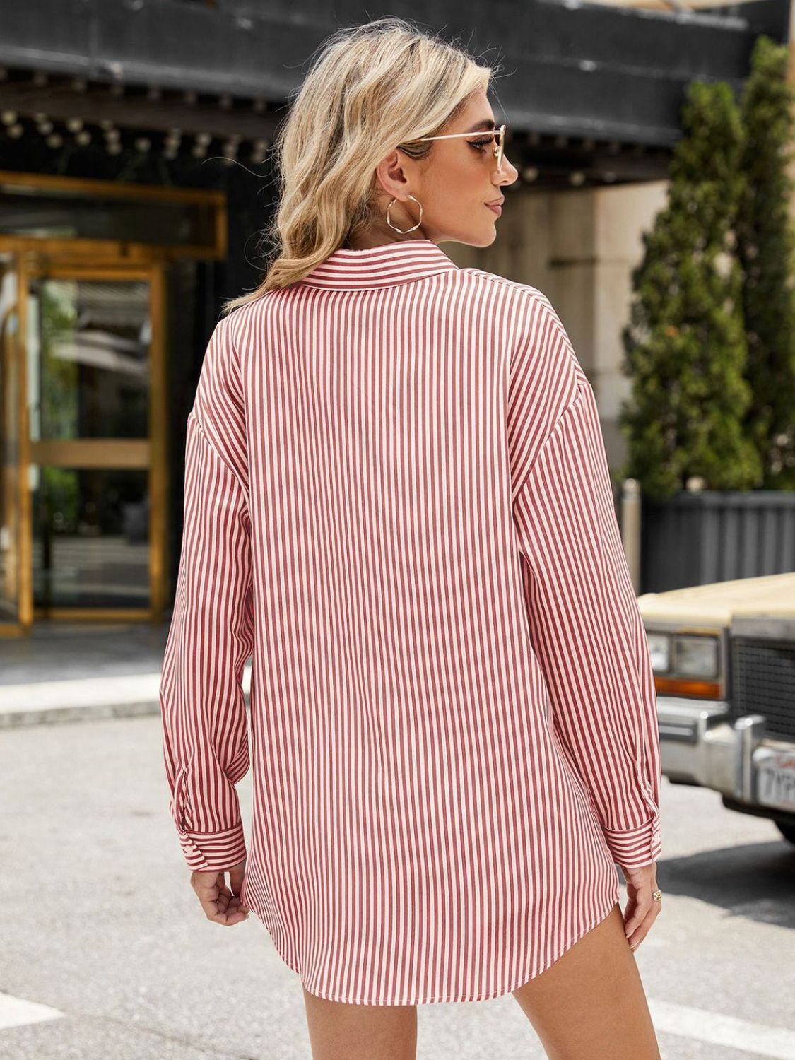 Pocketed Striped Collared Neck Long Sleeve Shirt - Shimmervee