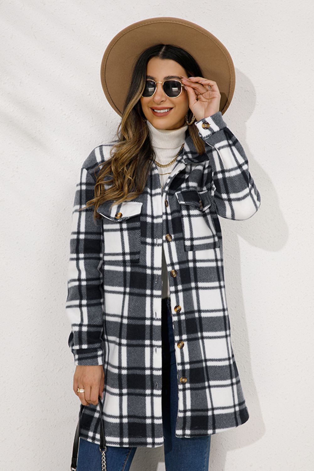 Shiny Plaid Collared Longline Coat - Shimmervee