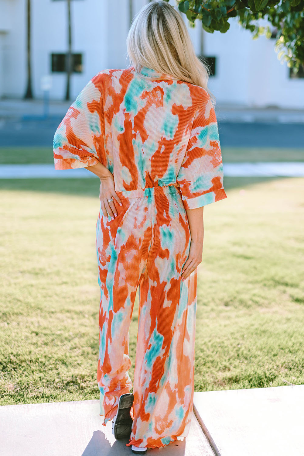 Tie-Dye Collared Wide Leg Jumpsuit - Shimmervee