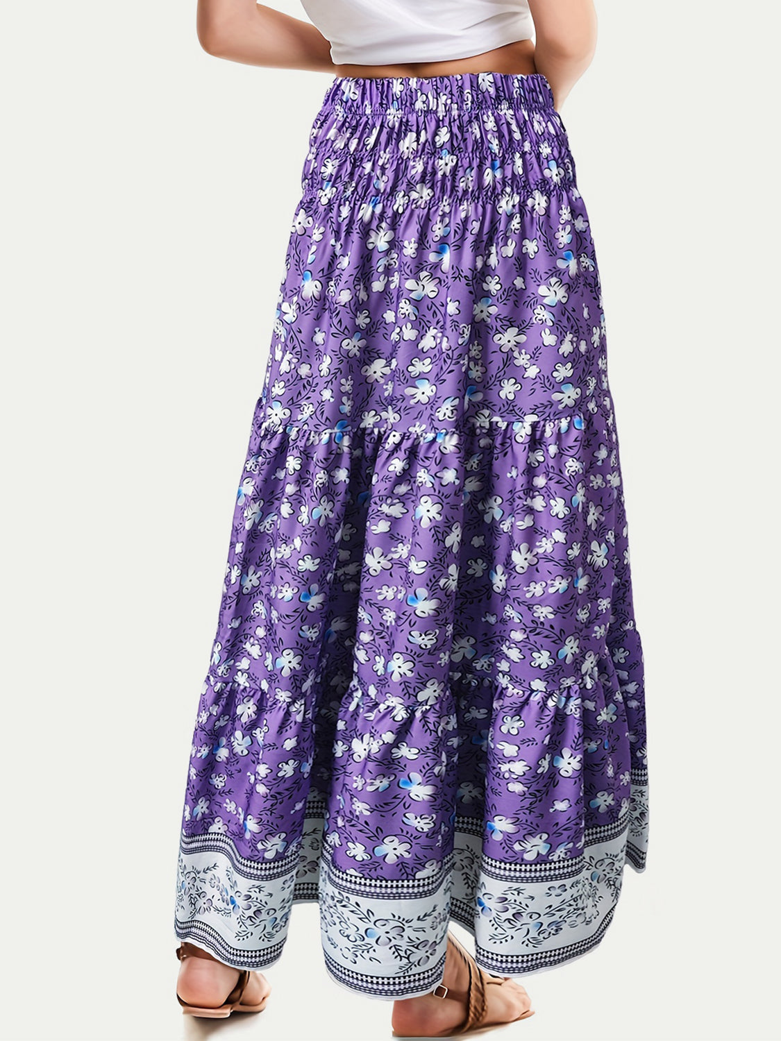 Full Size Tiered Printed Elastic Waist Skirt - Shimmervee