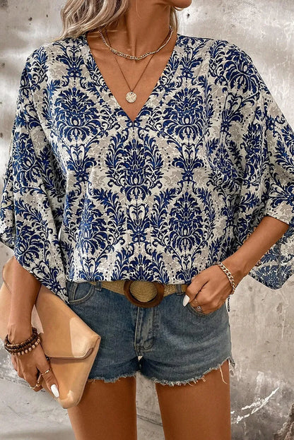 Printed V-Neck Three-Quarter Sleeve Blouse