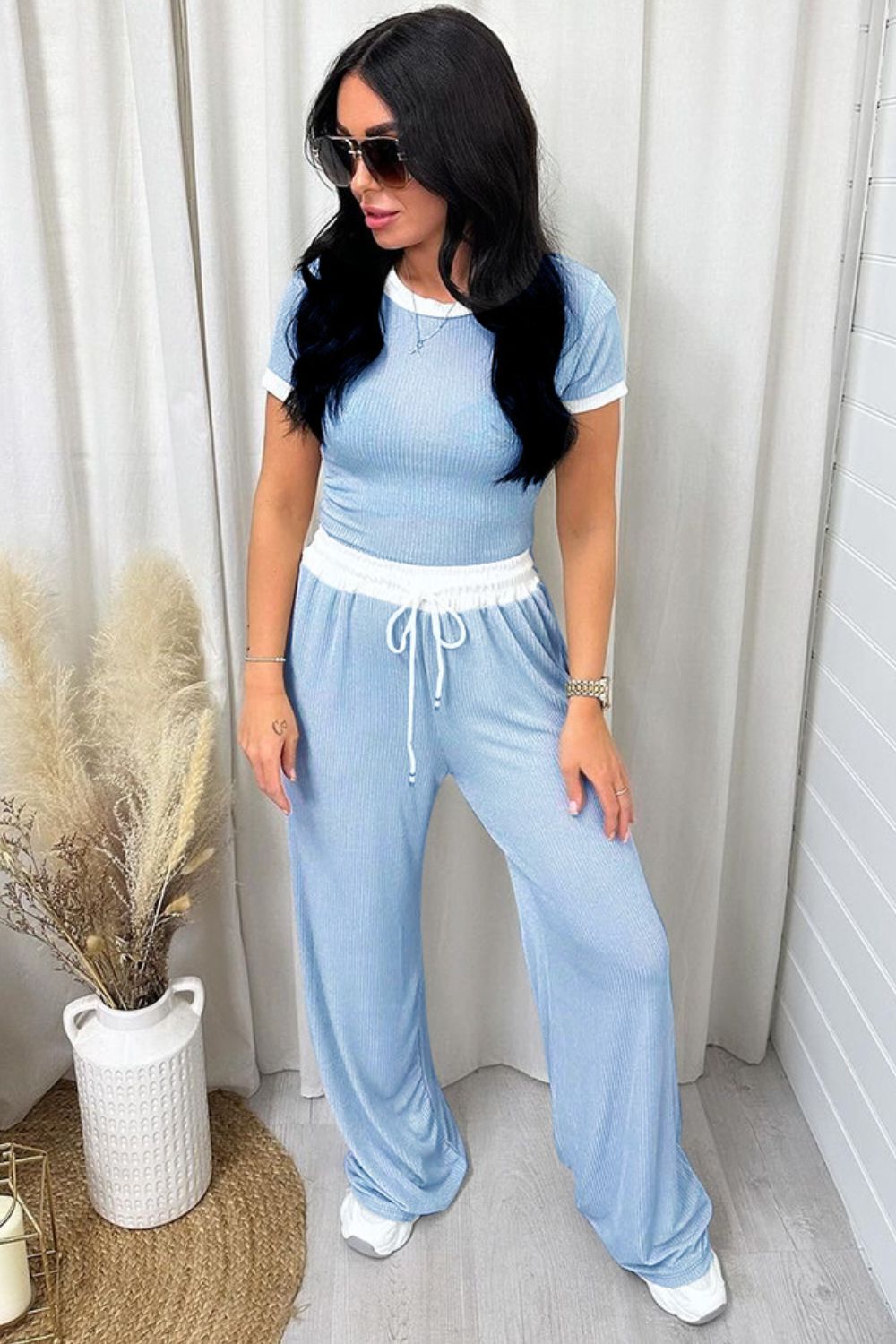 Contrast Trim Round Neck Top and Pants Set - Shimmervee