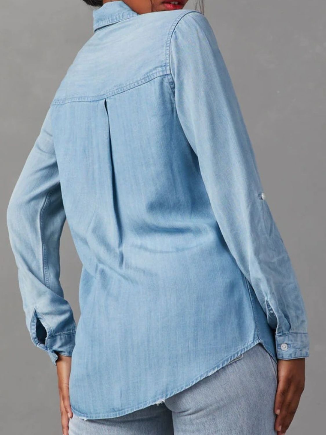 Collared Neck Roll-Tab Sleeve Denim Top