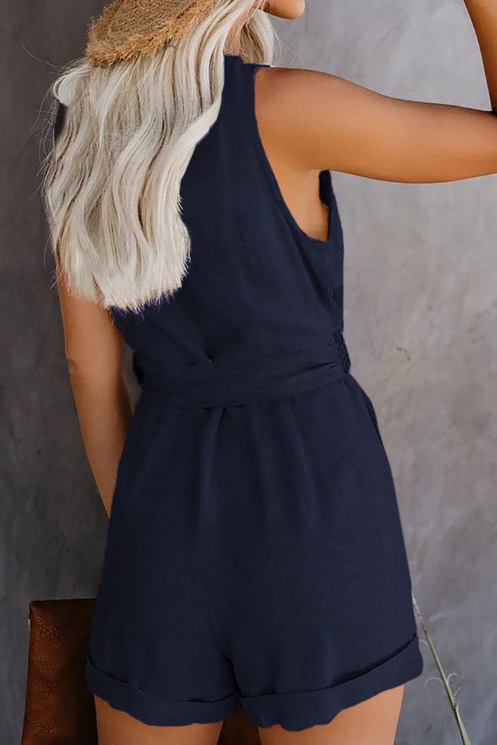 Full Size Tied V-Neck Sleeveless Romper with Pockets - Shimmervee