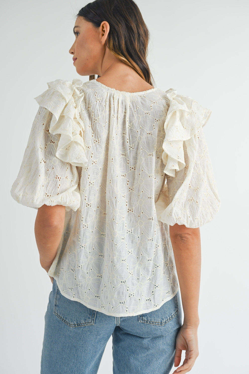 MABLE Eyelet Lace Ruffle Shoulder Puff Sleeve Blouse - Shimmervee