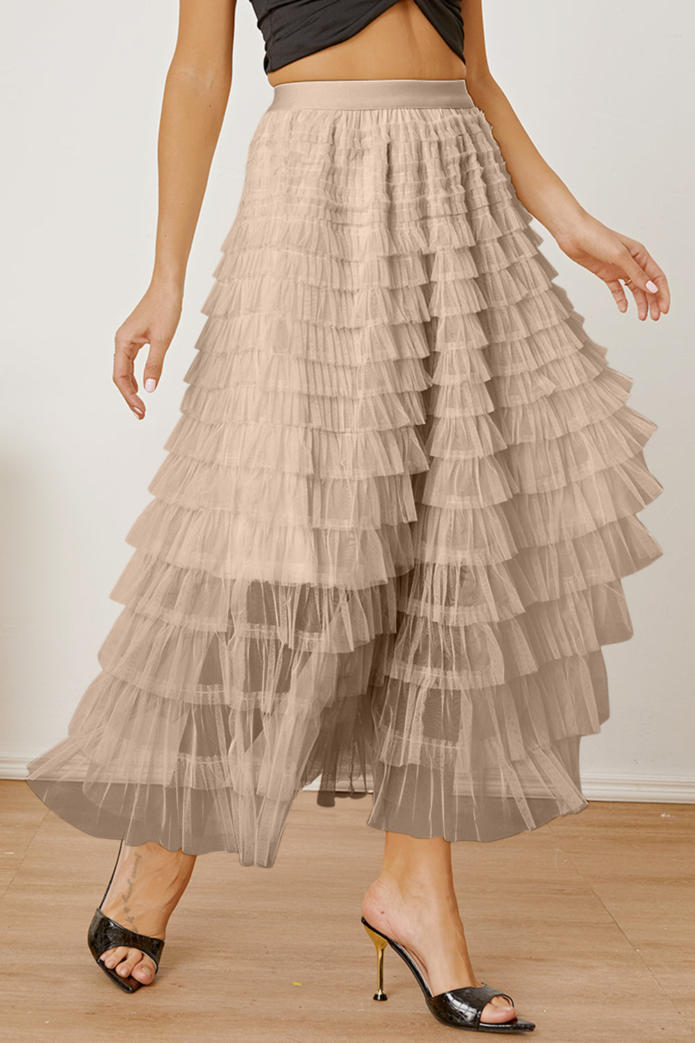 Ruched High Waist Tiered Skirt - Shimmervee