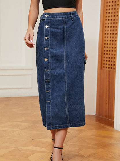 Button Down Midi Denim Skirt - Shimmervee