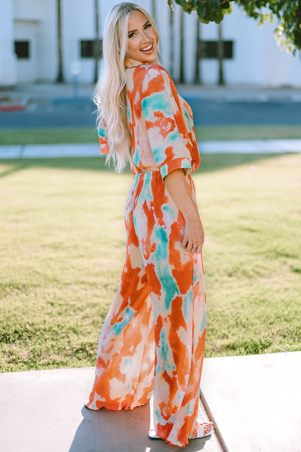 Tie-Dye Collared Wide Leg Jumpsuit - Shimmervee