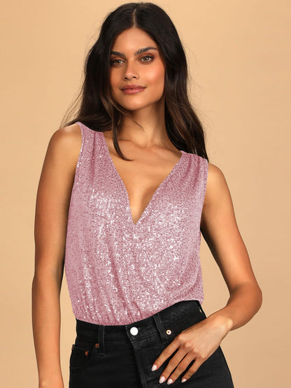 Sequin Surplice Sleeveless Bodysuit - Shimmervee