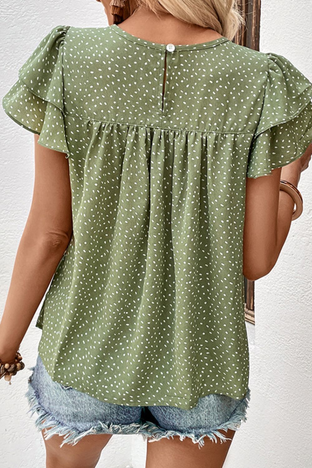 Perfee Printed Round Neck Puff Sleeve Blouse - Shimmervee