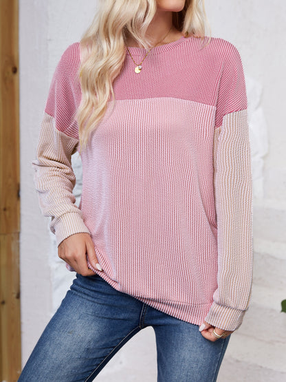 Lovelet Color Block Round Neck Long Sleeve Sweatshirt - Shimmervee