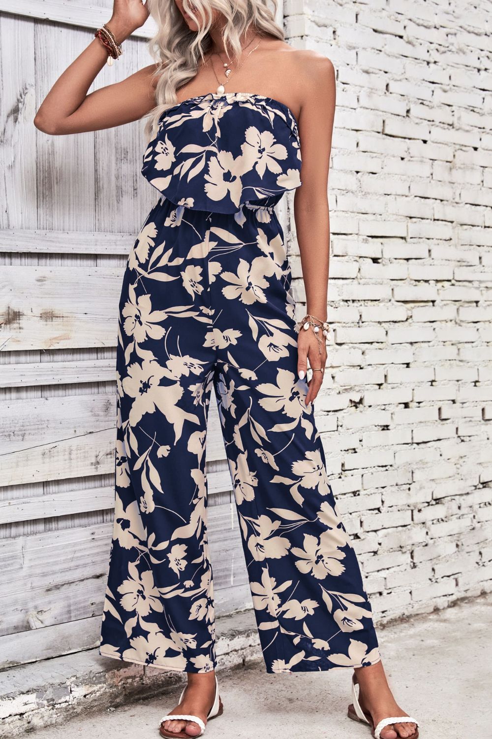 Perfee Floral Strapless Wide Leg Jumpsuit - Shimmervee