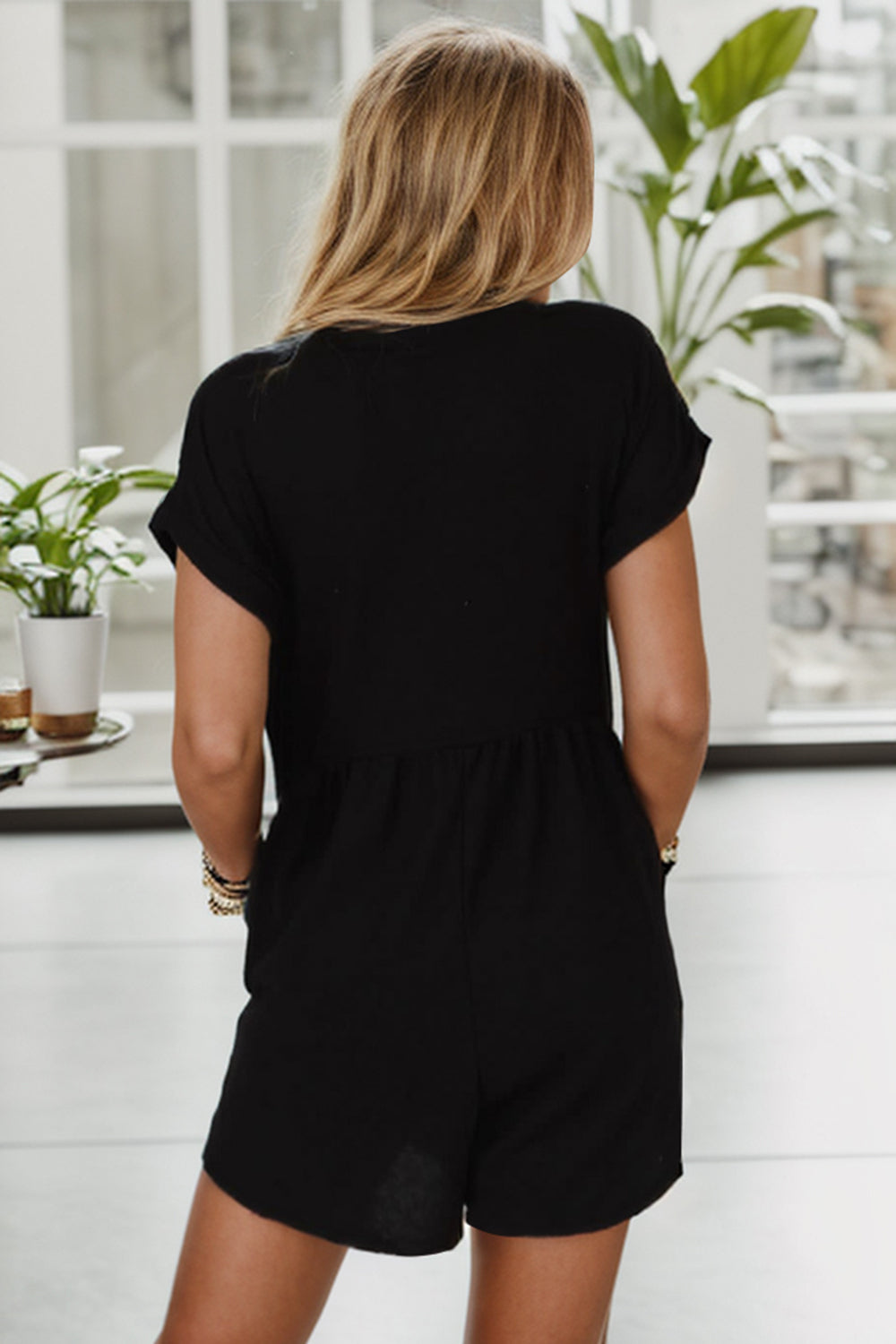 Pocketed V-Neck Short Sleeve Romper - Shimmervee