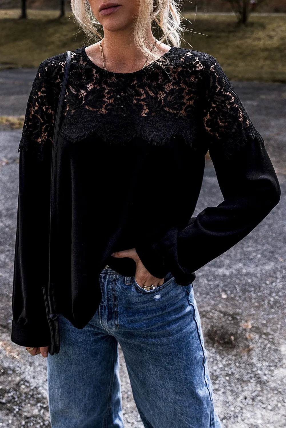 Lace Round Neck Long Sleeve Blouse - Shimmervee