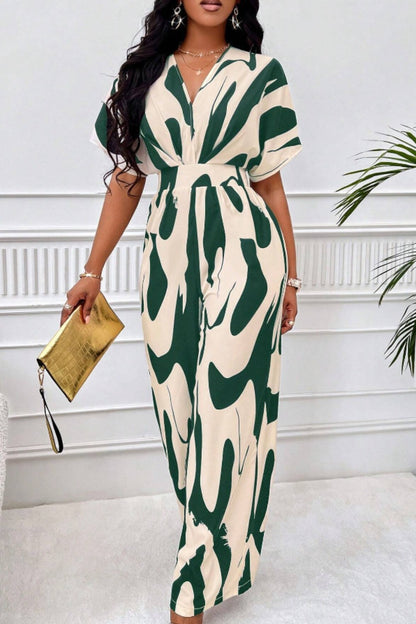 Printed V-Neck Short Sleeve Wide Leg Jumpsuit - Shimmervee