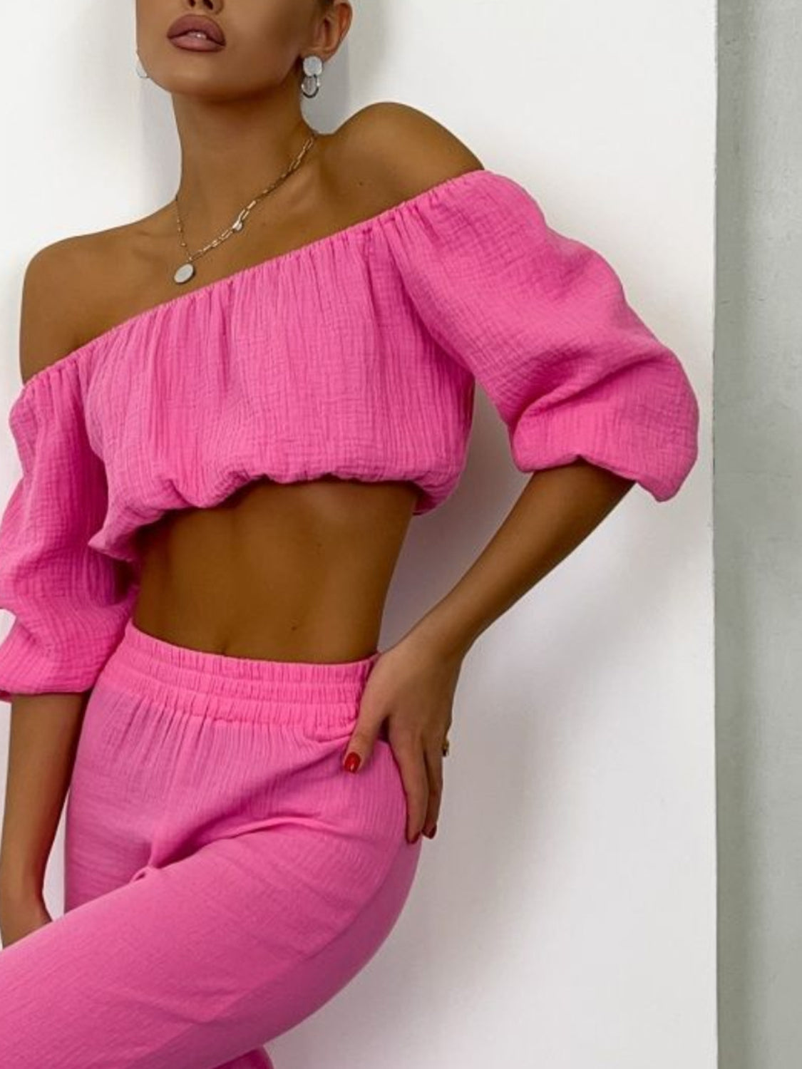 Off Shoulder Long Sleeve Top and Pants Set - Shimmervee