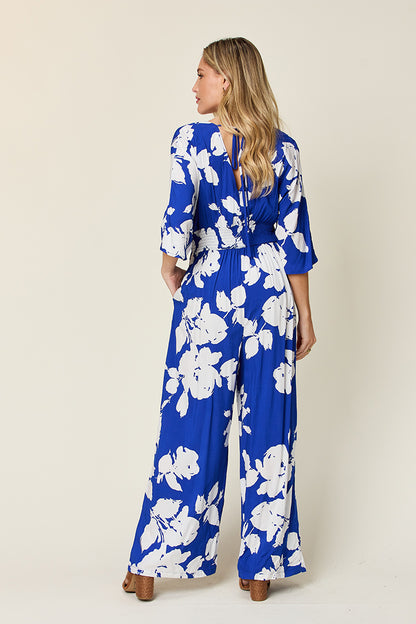 Double Take Full Size Printed Tie Back Wide Leg Jumpsuit - Shimmervee