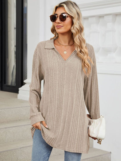 Slit Johnny Collar Long Sleeve T-Shirt