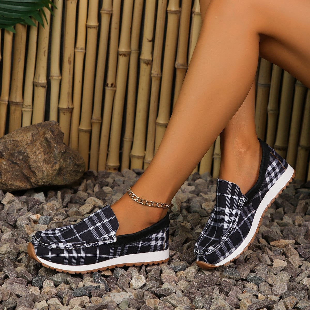 Plaid Round Toe Slip-Ons - Shimmervee