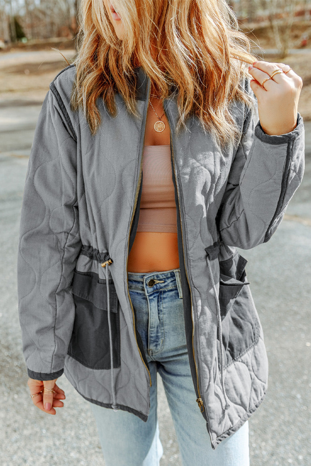 Drawstring Waist Zip-Up Jacket - Shimmervee