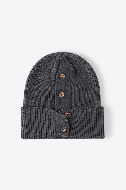 Button Detail Rib-Knit Cuff Beanie