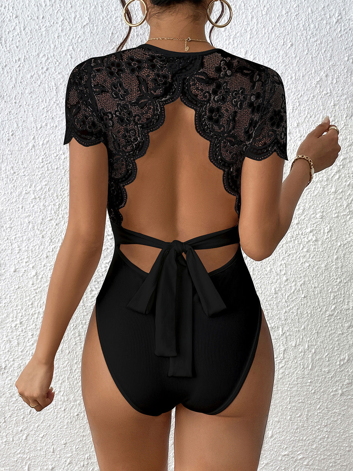 Perfee Lace Backless Round Neck Bodysuit - Shimmervee