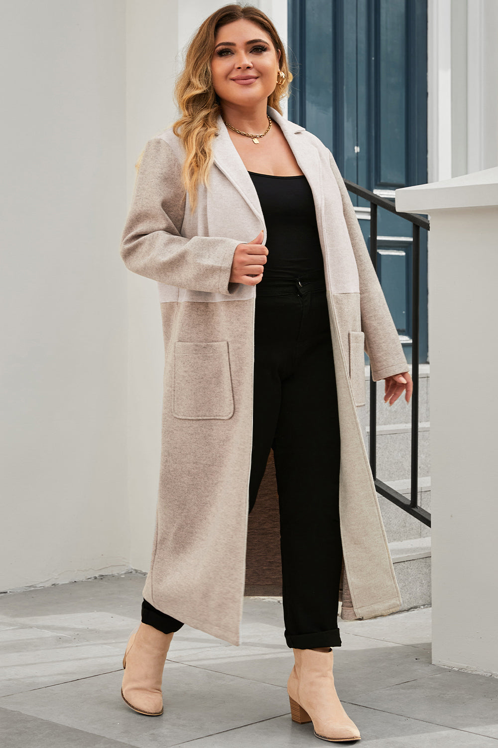 Plus Size Collared Neck Buttoned Longline Coat - Shimmervee