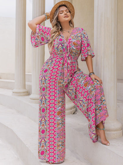 Plus Size Printed Half Sleeve Wide Leg Jumpsuit - Shimmervee